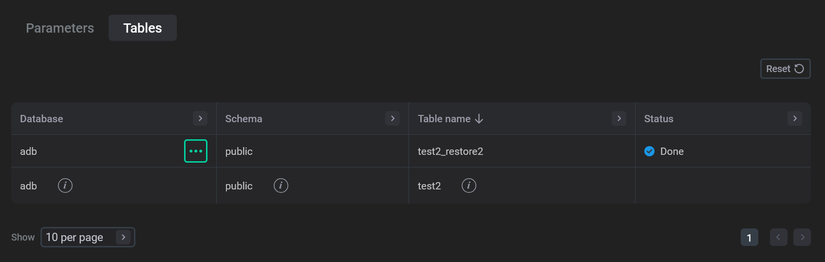Restore details: Tables