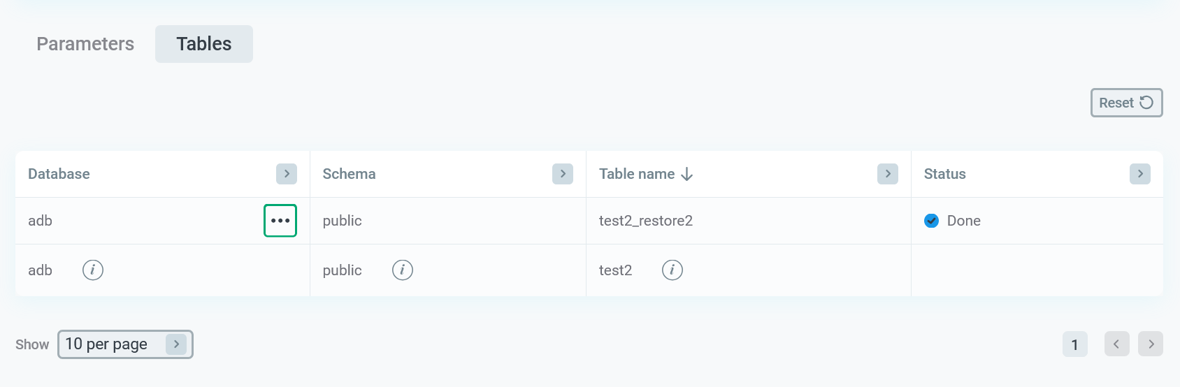 Restore details: Tables