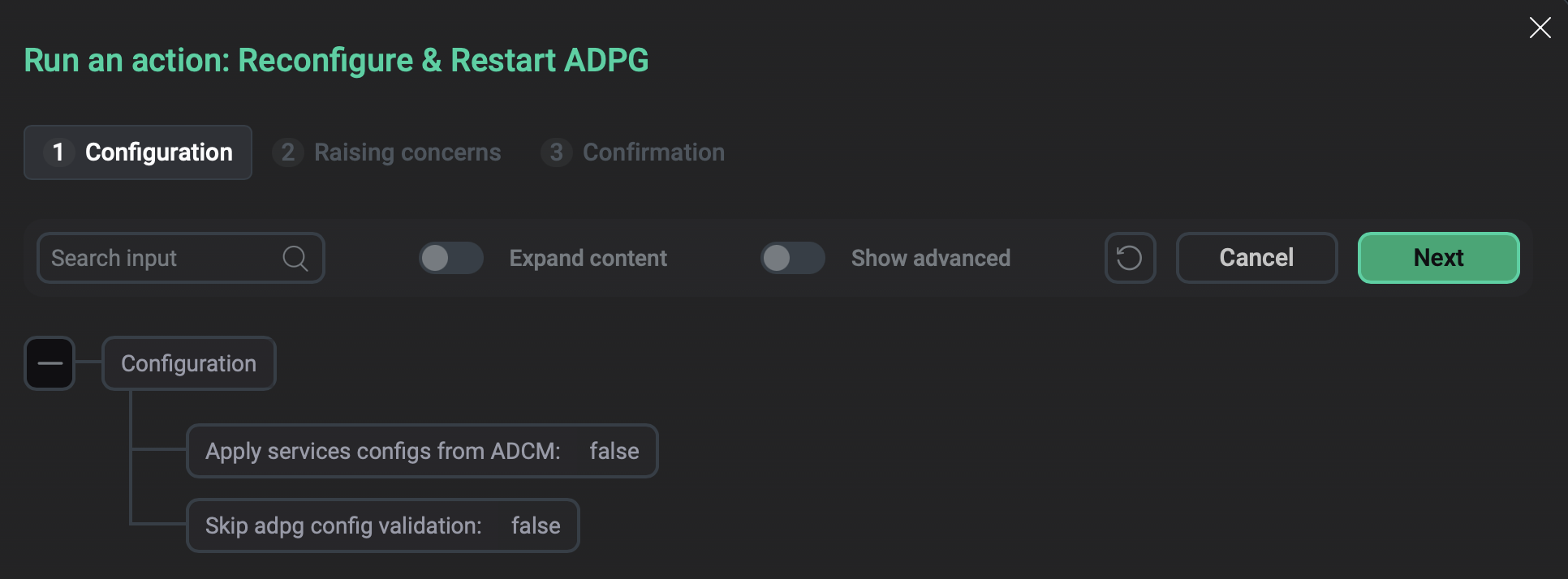 The Reconfigure & Restart ADPG window