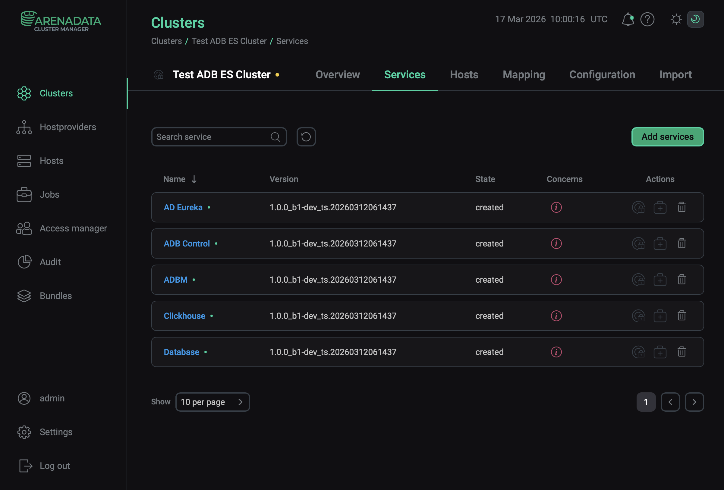 The result of successful adding services to a cluster