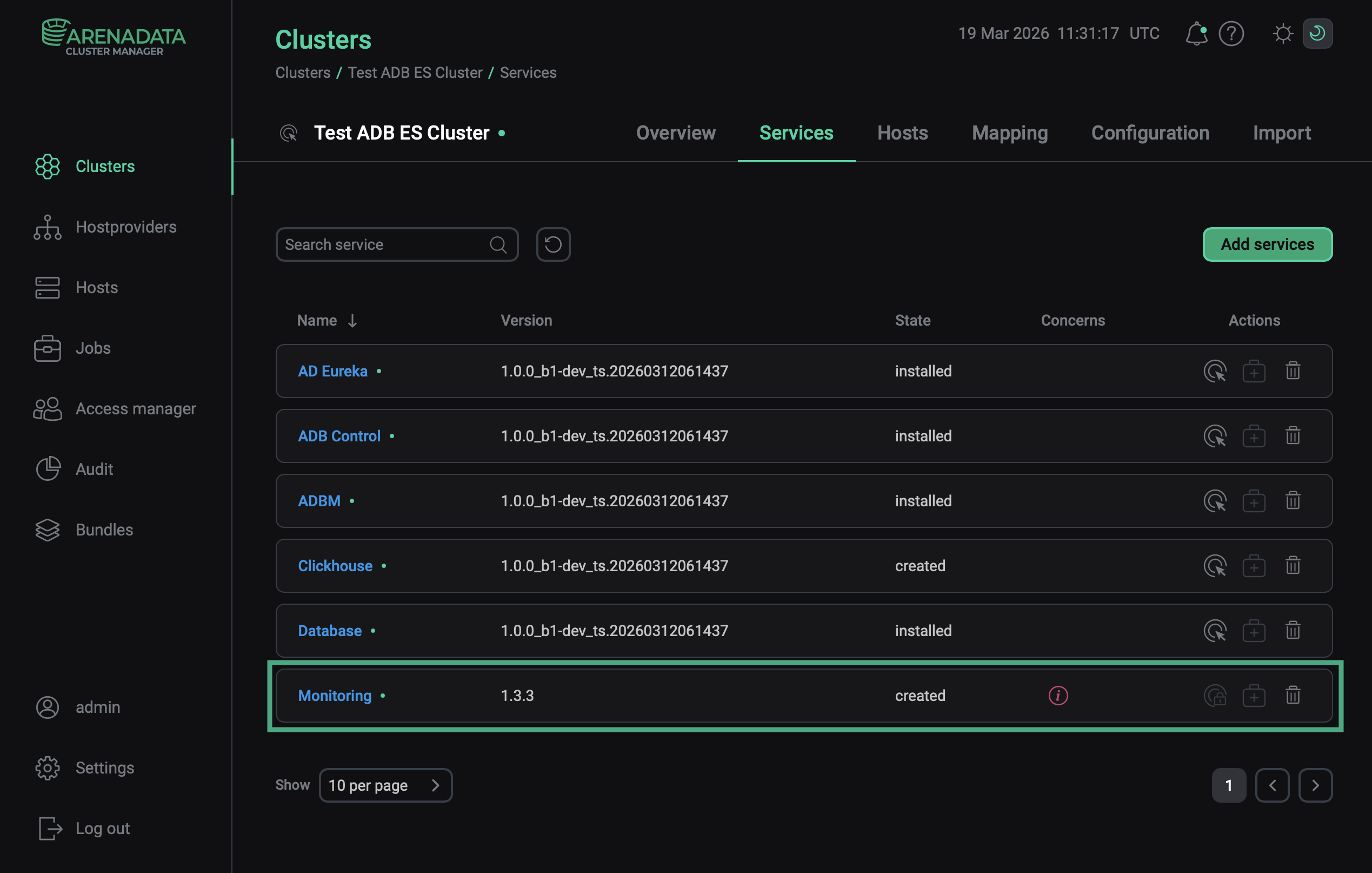 The result of successfully adding the service to the cluster