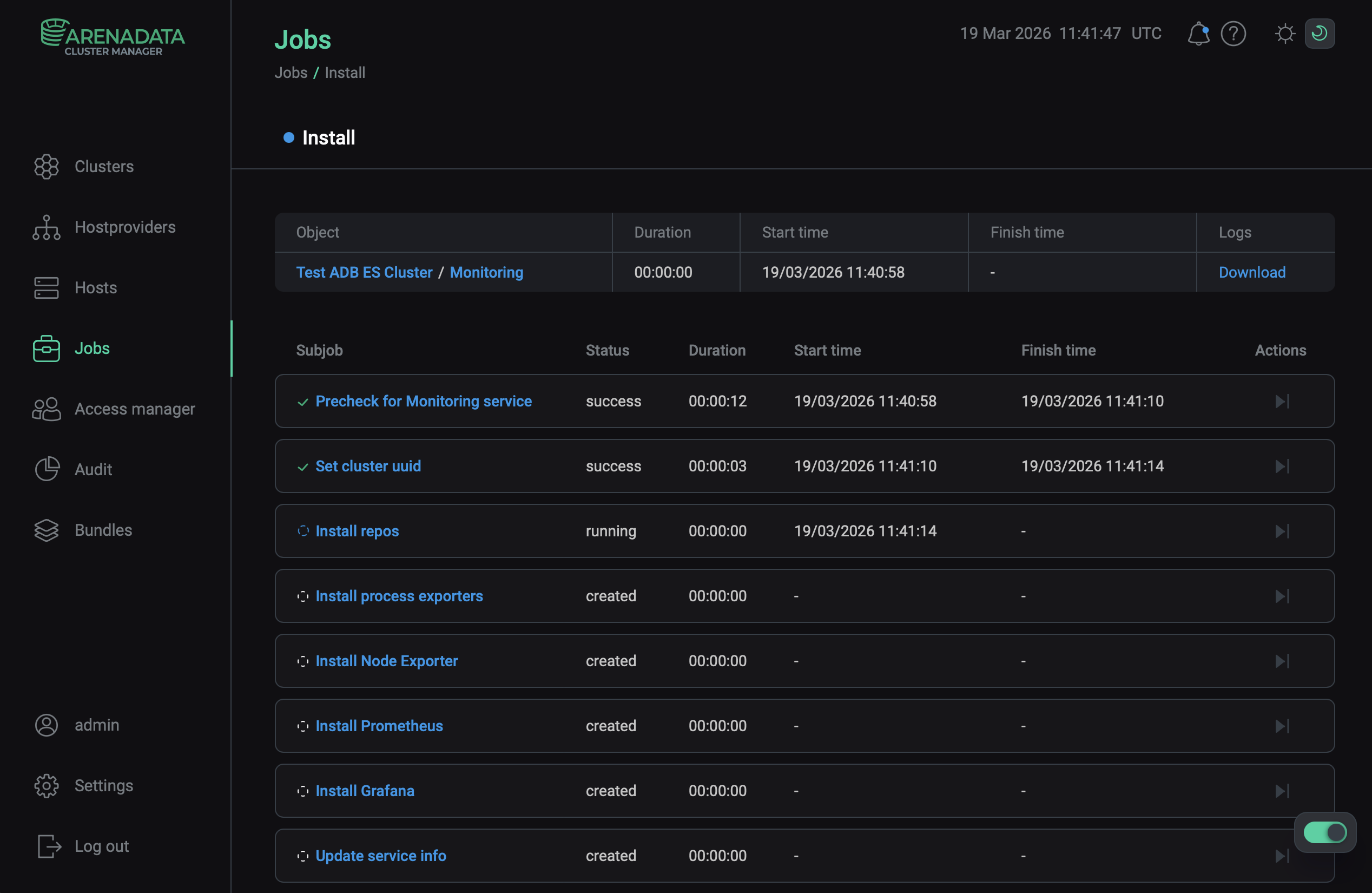 Install service job page