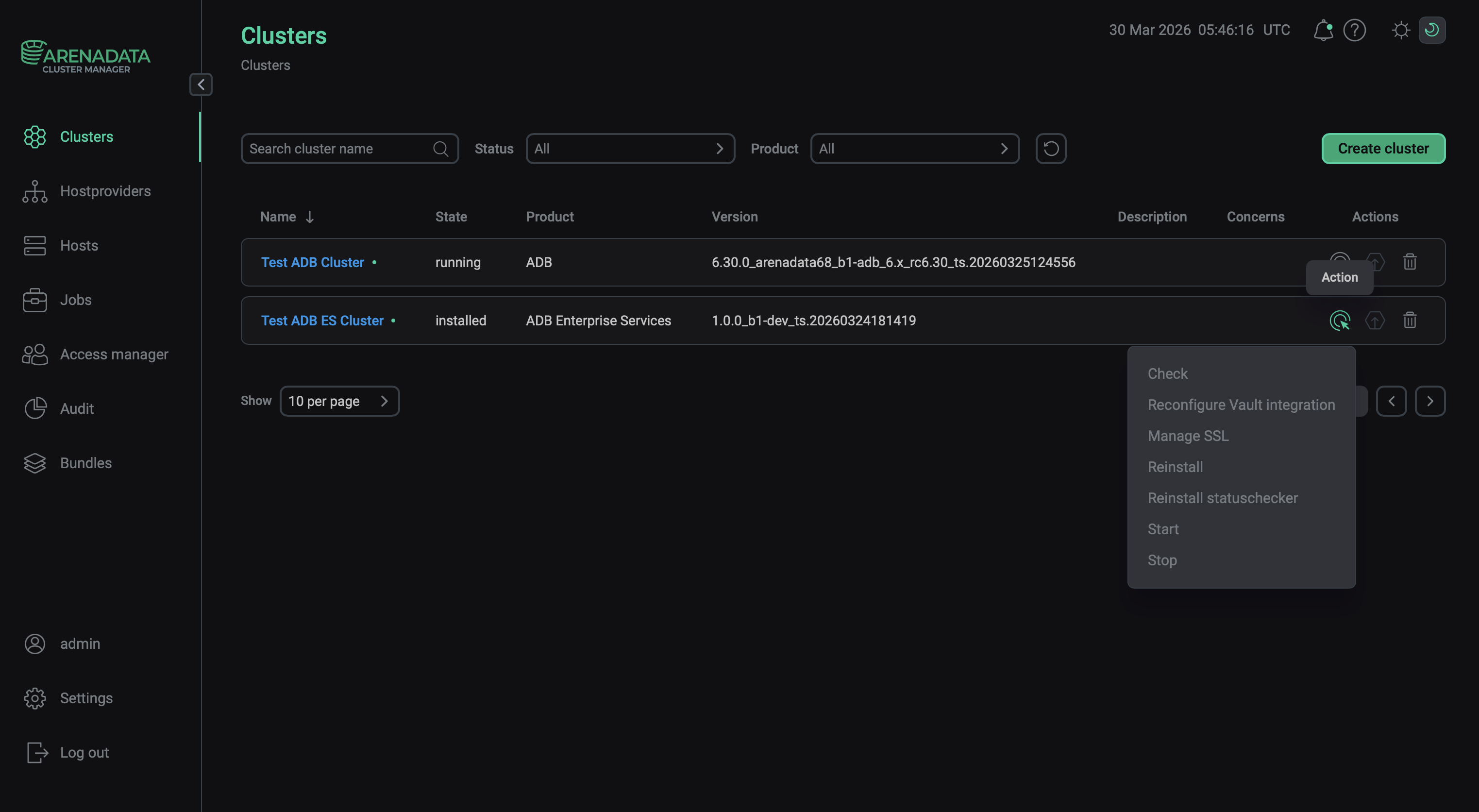 Open a list of available cluster actions