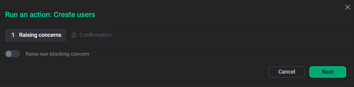 Dialog box to run the Create users action