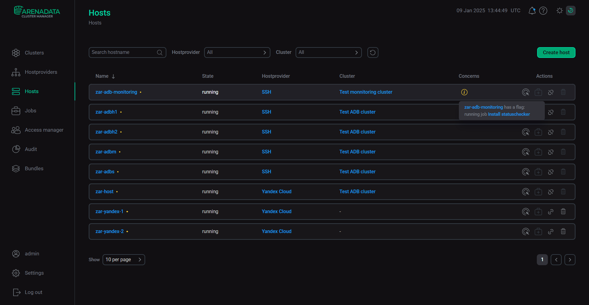 The Hosts page when running the action in the non-blocking mode