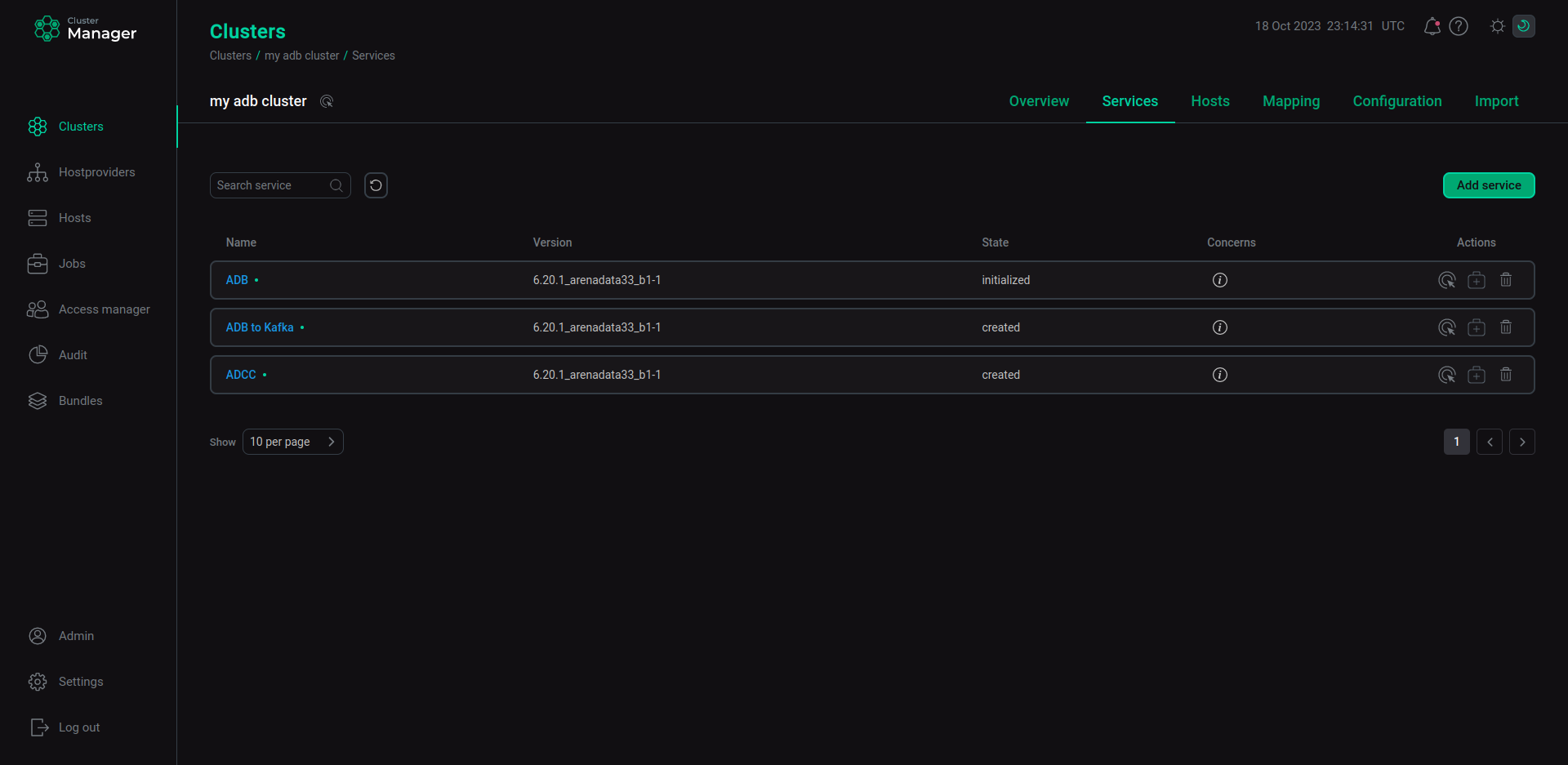 Services subsection in ADCM