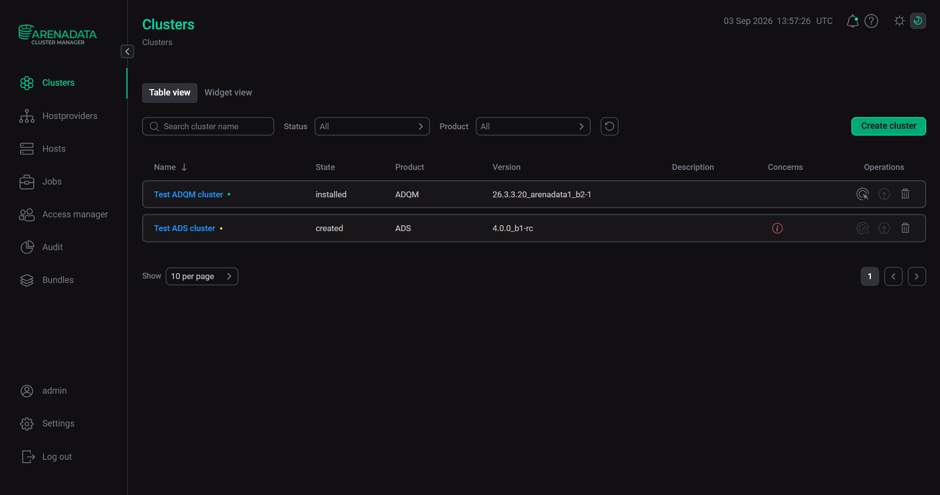 The Clusters tab in Table view