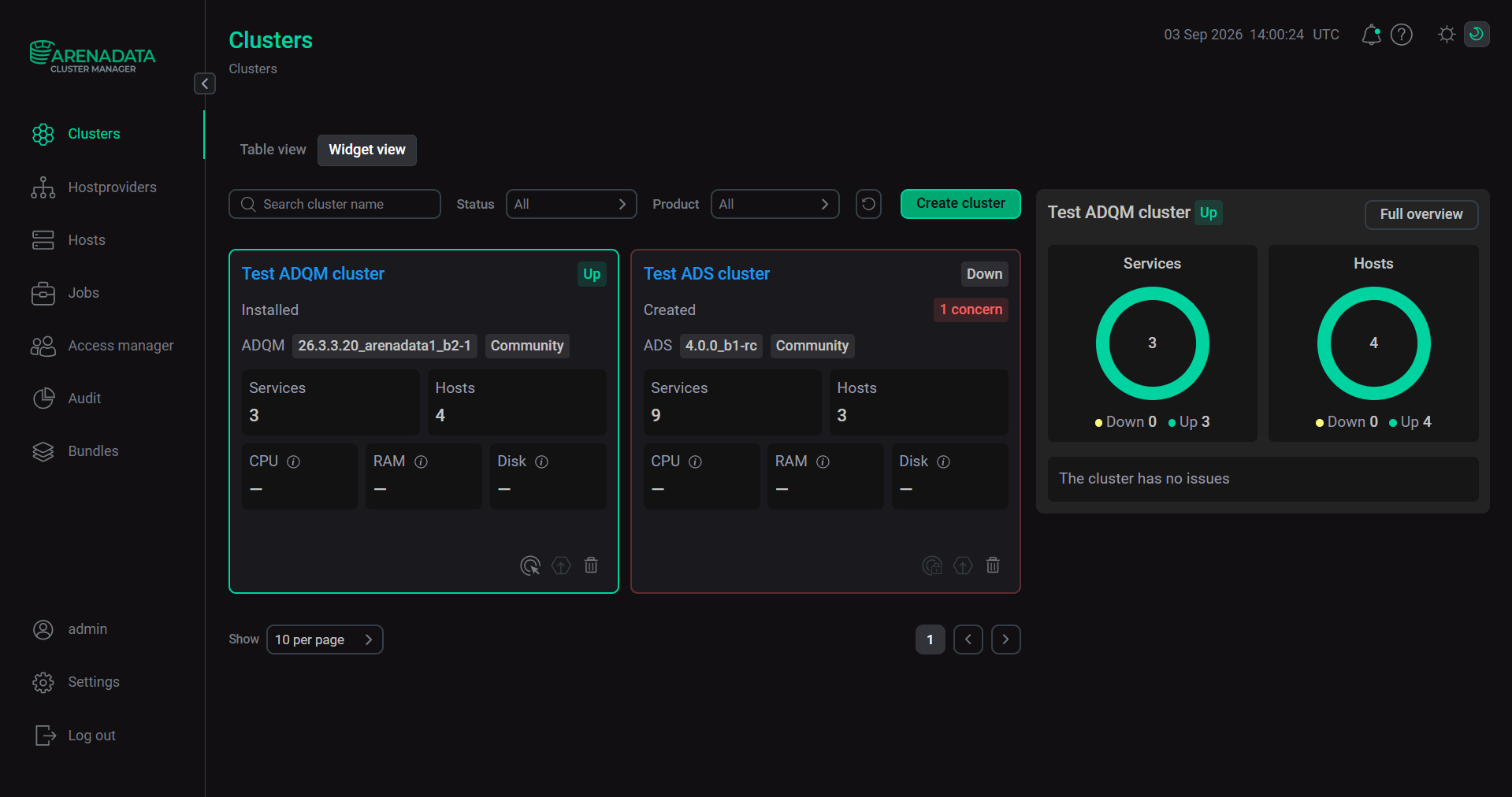 The Clusters tab in Widget view