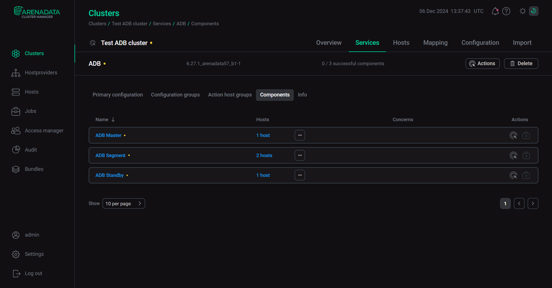 The Test ADB cluster → Services → ADB → Components tab