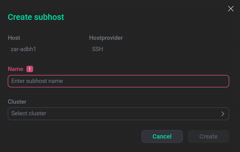 The Create subhost window