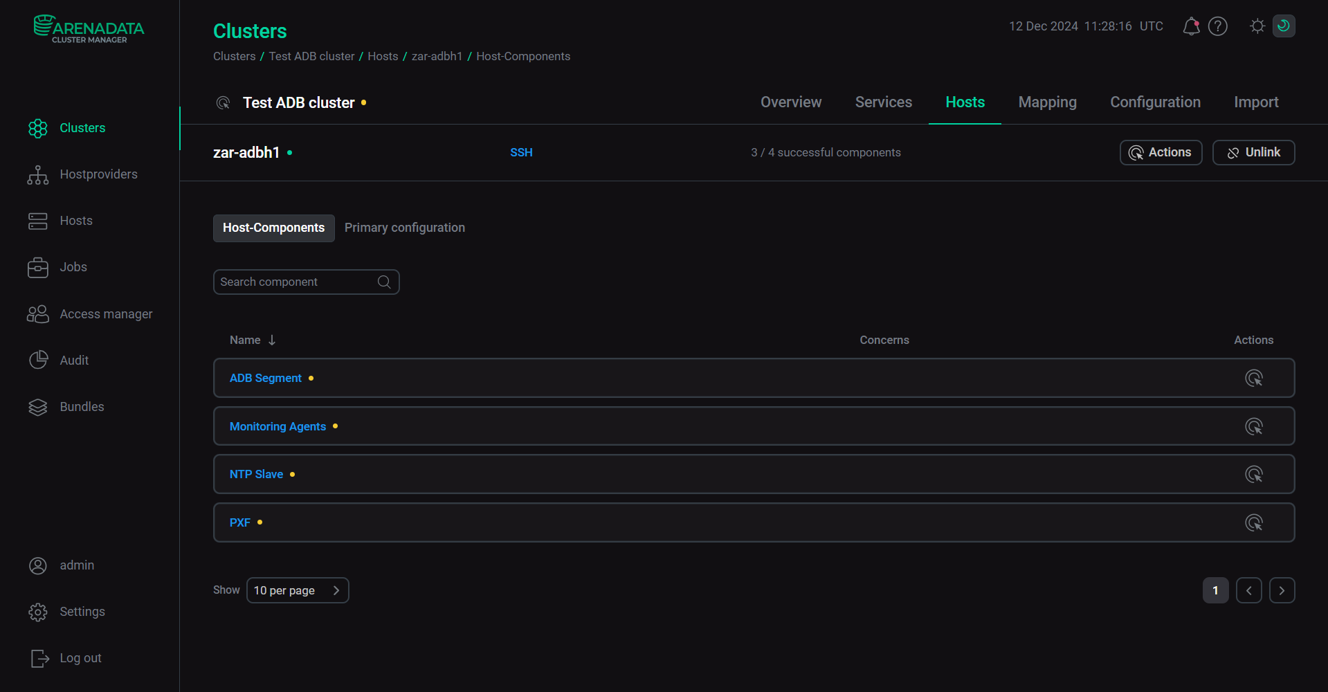 The Host-Components tab of the Test ADB cluster → Hosts page