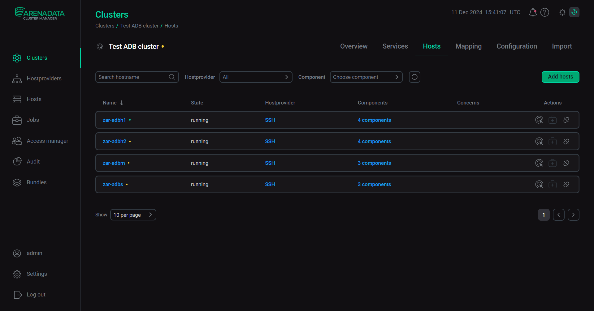 The Hosts tab of the ADB cluster page