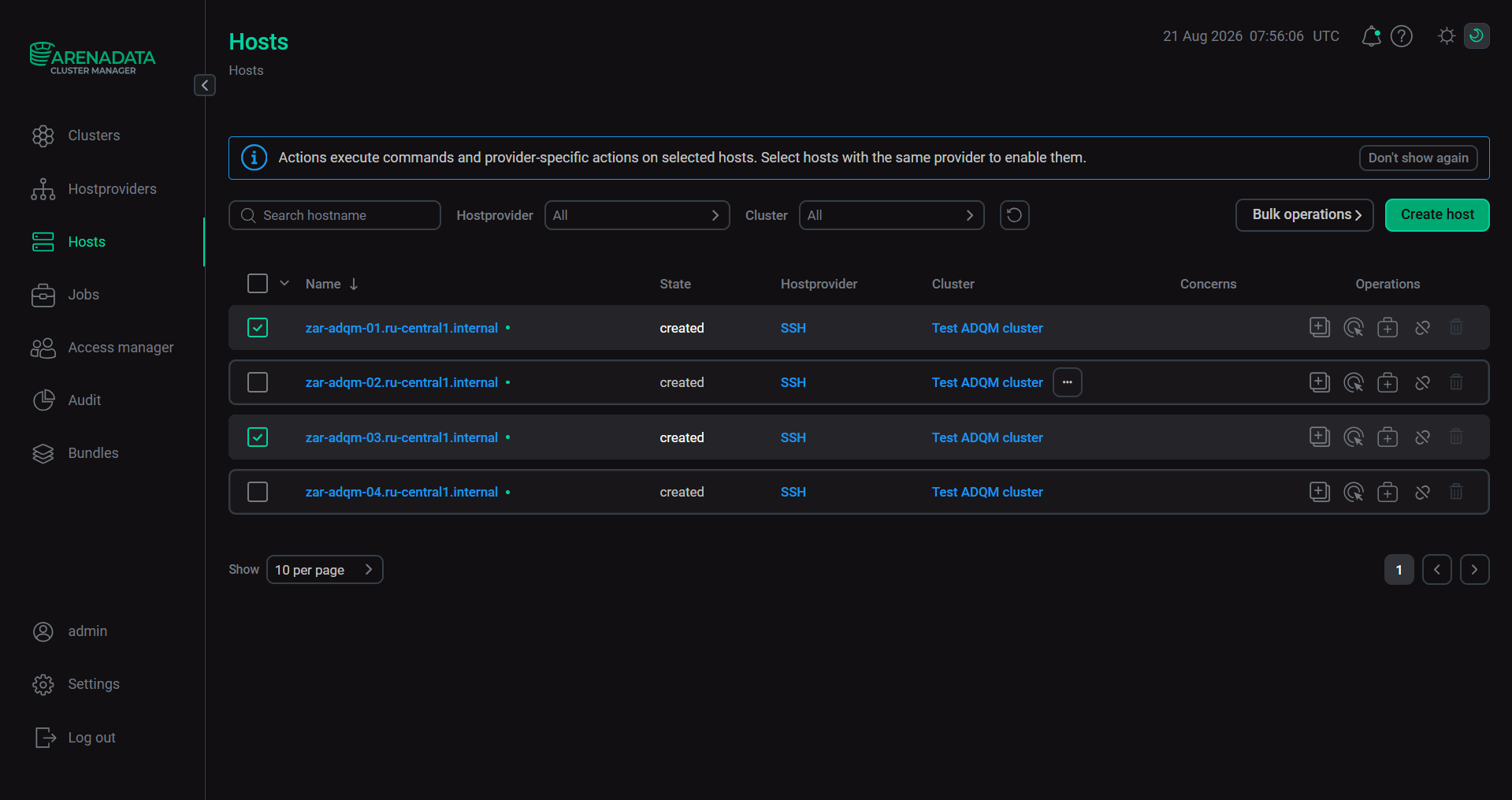 The Hosts tab with selected hosts