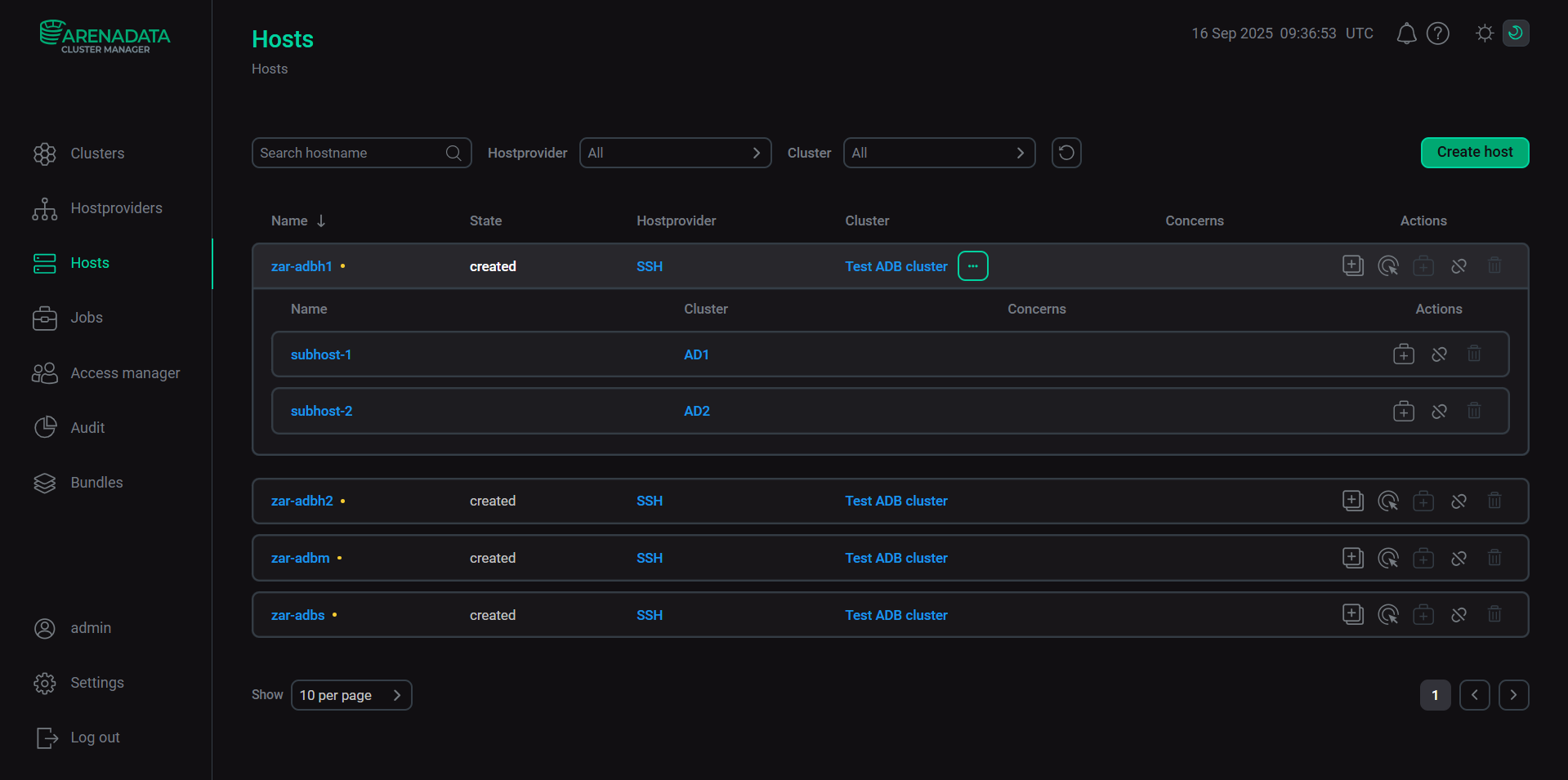 The Hosts tab with the added subhost