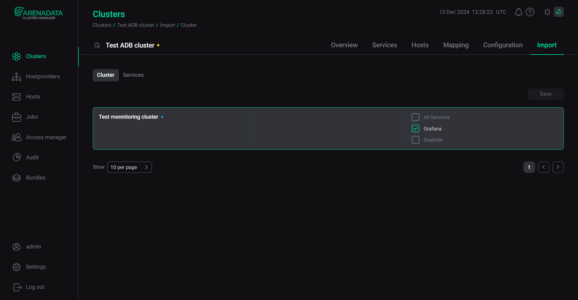 The Import tab of the ADB cluster page