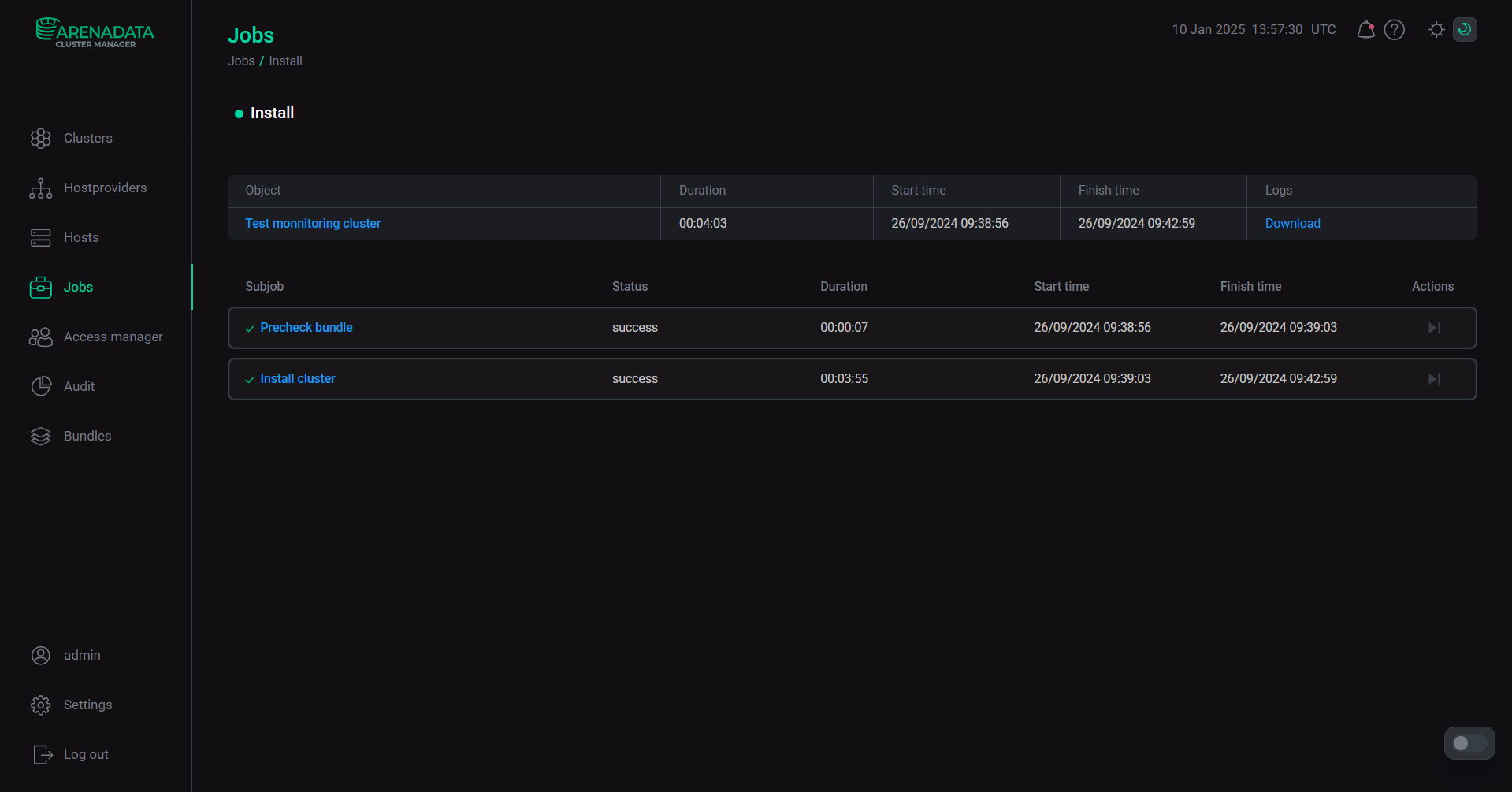 The Install job page
