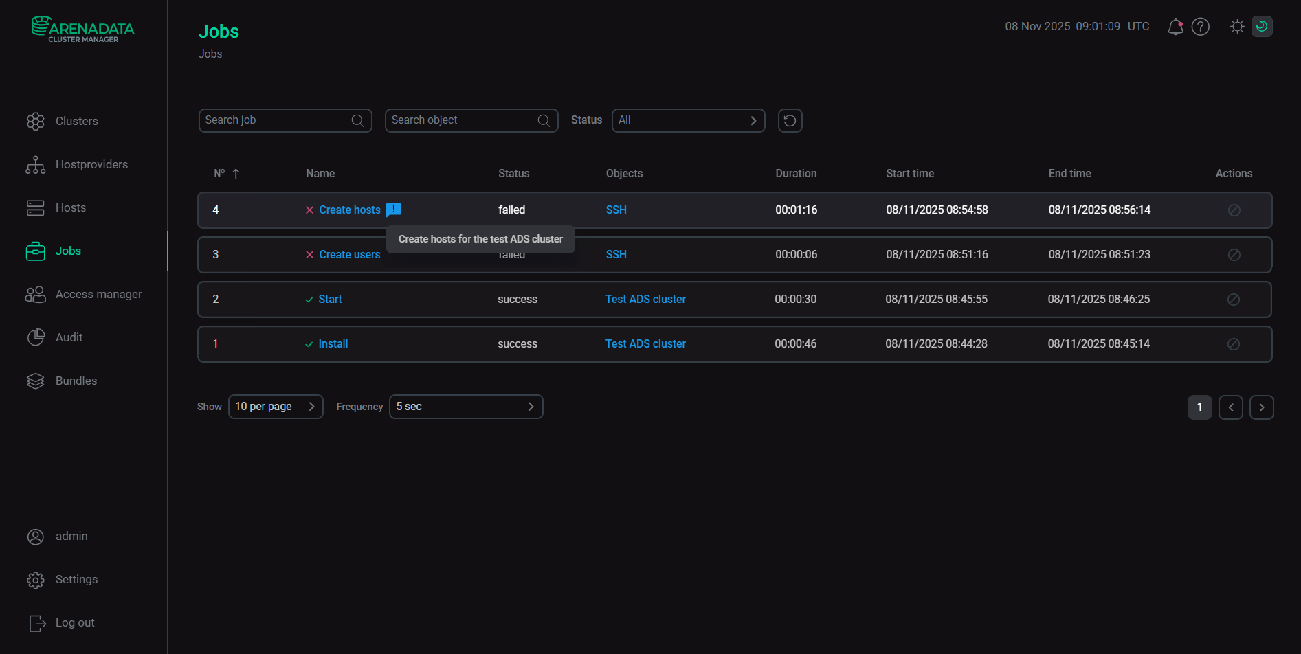 The Jobs tab with the expanded comment on the action