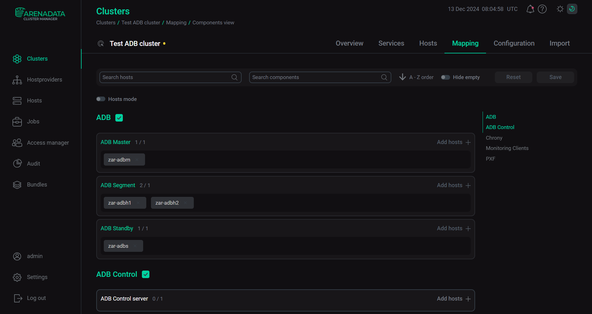 The Mapping tab of the ADB cluster page