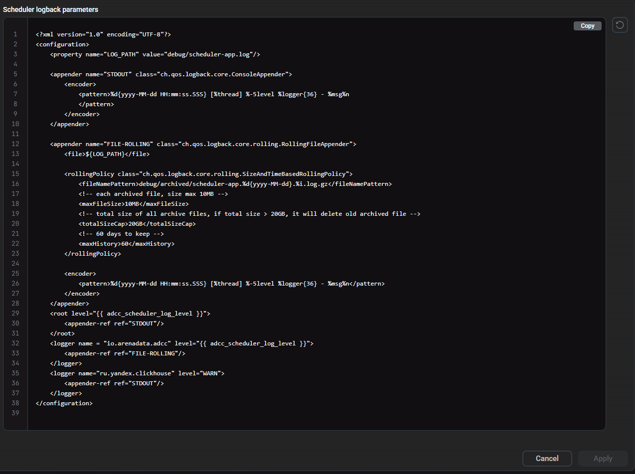 The Scheduler logback parameters dialog