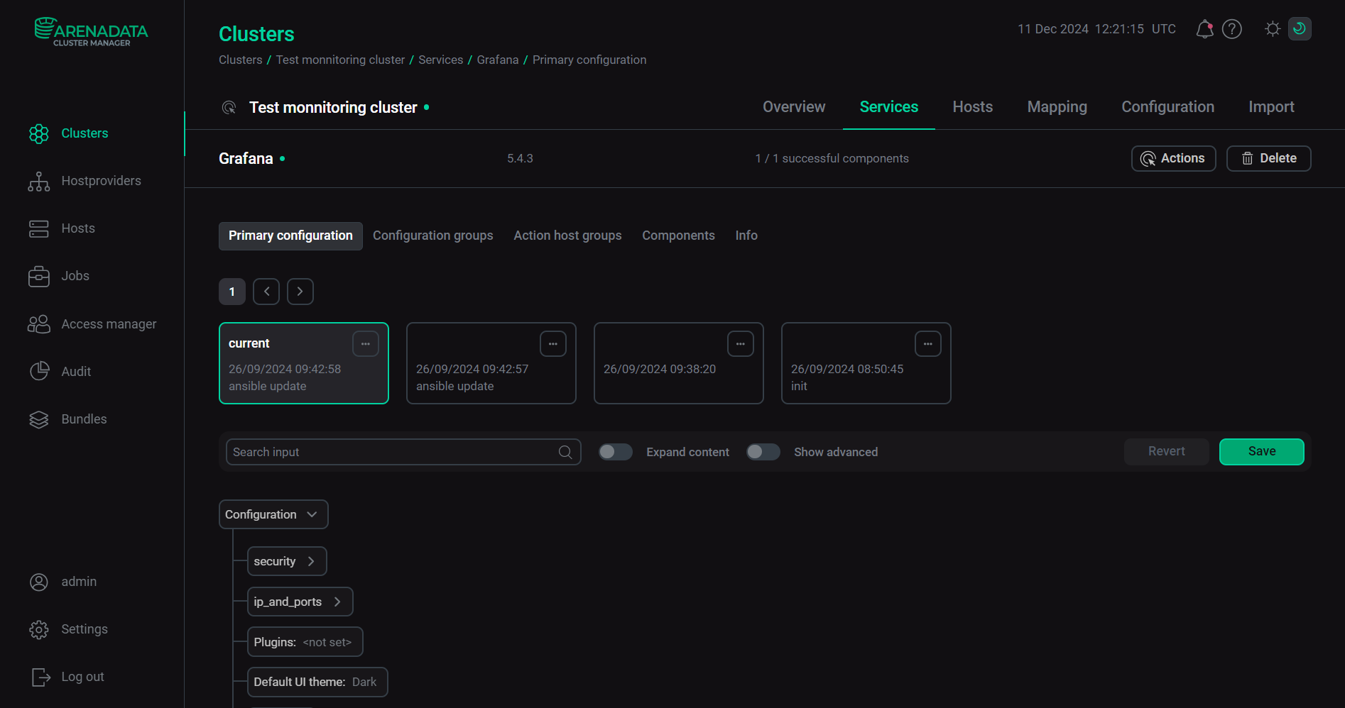 The Grafana service page