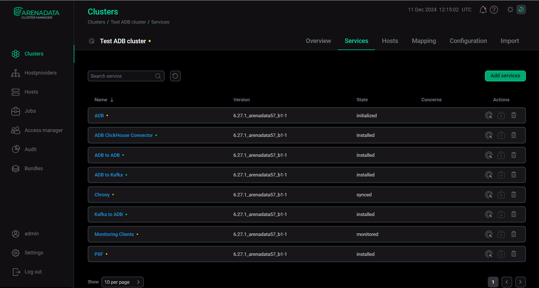 The Services tab of the ADB cluster page