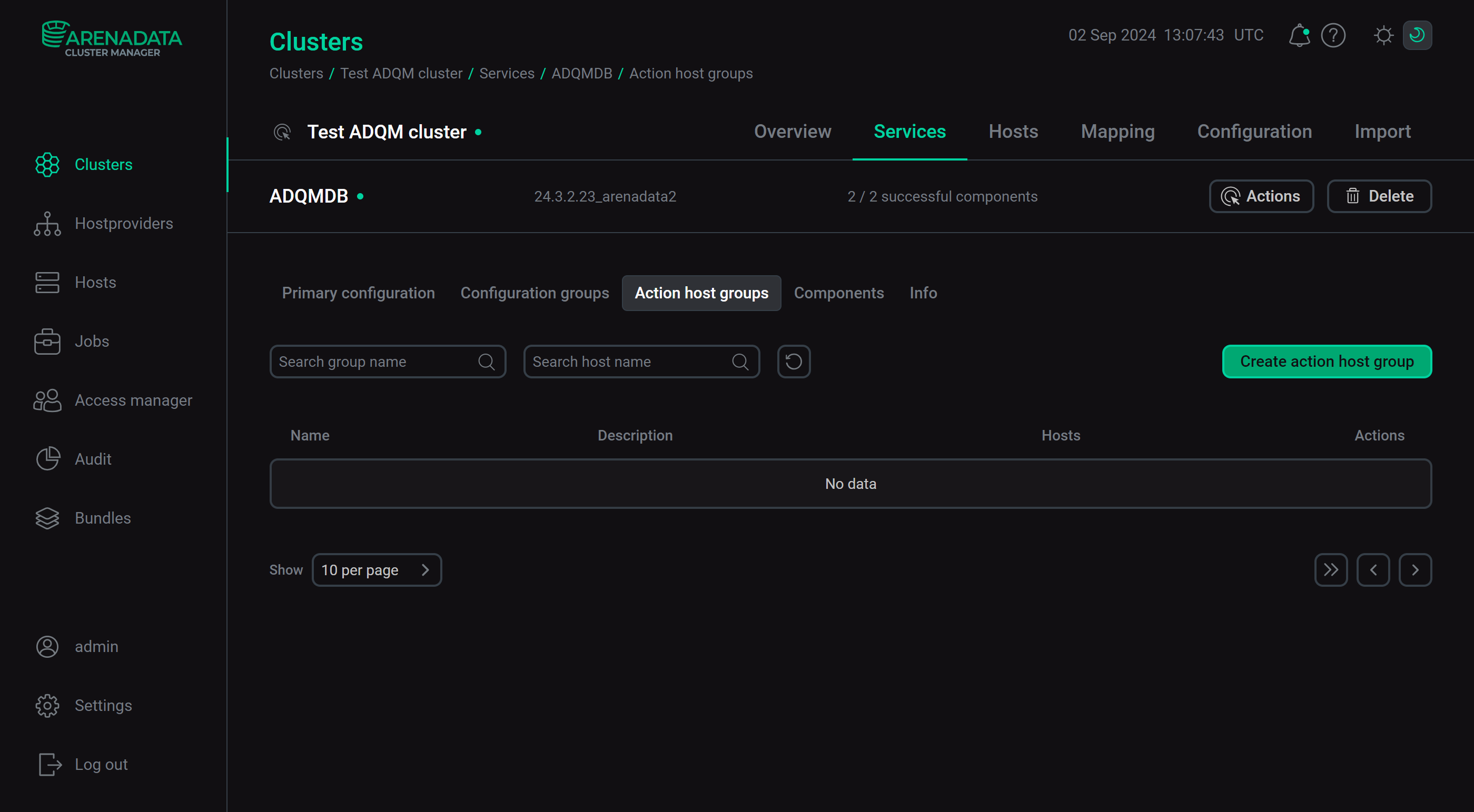 Service page for managing host groups