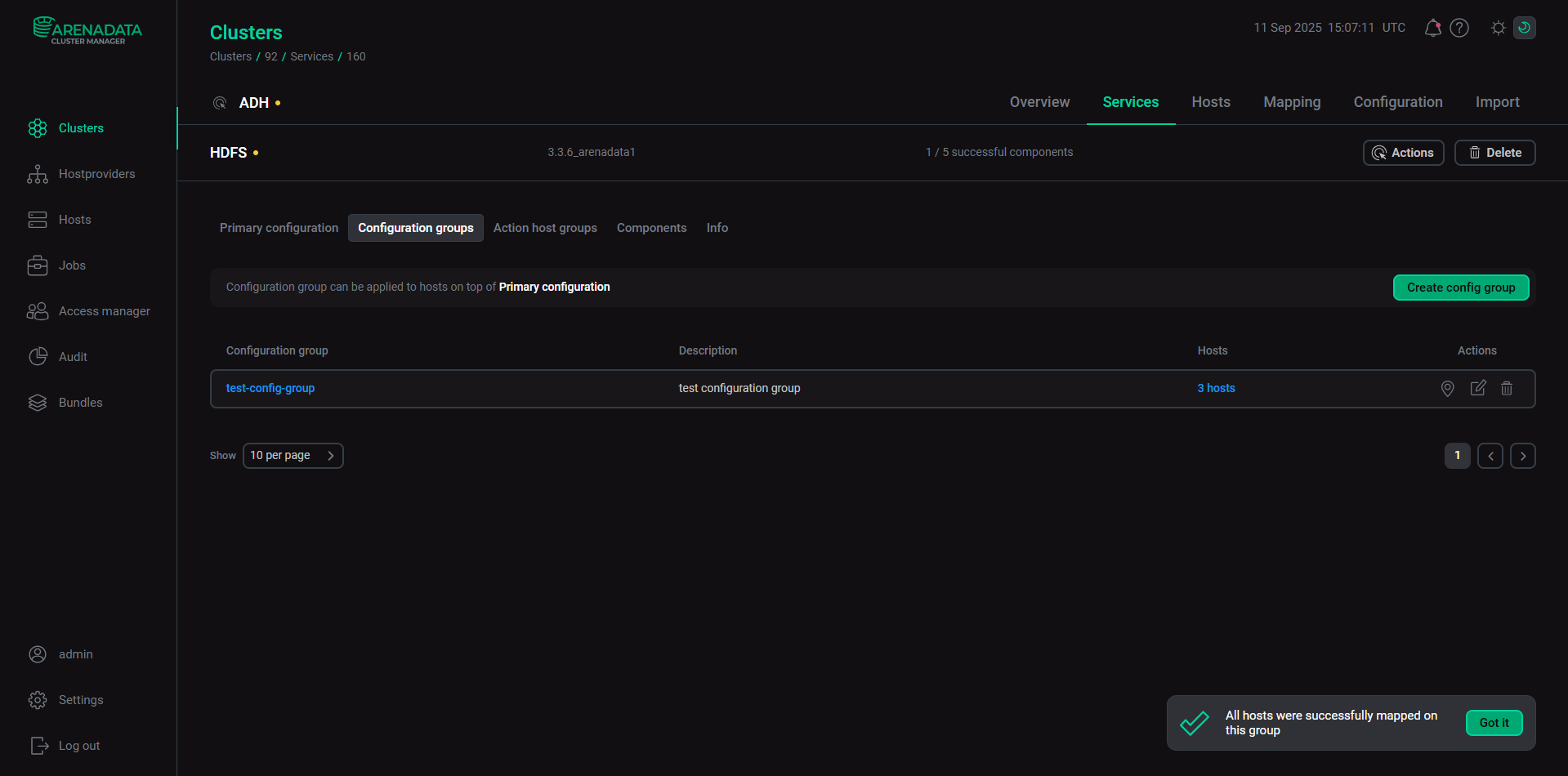 Configuration group list in the service subsection