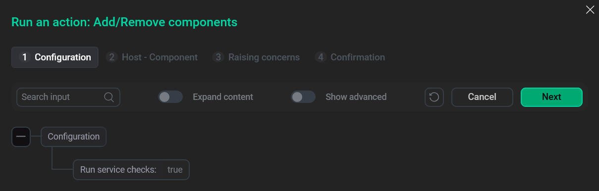 The Add/Remove components action configuration step