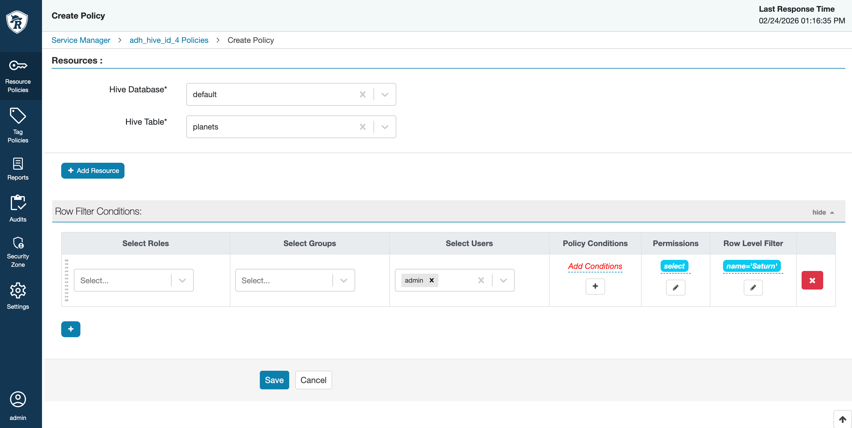 Filtering policy parameters