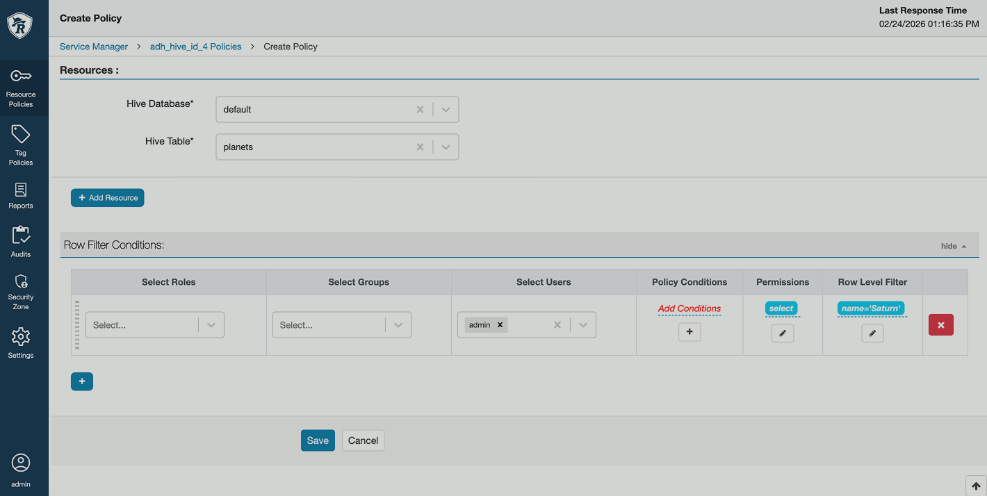 Filtering policy parameters