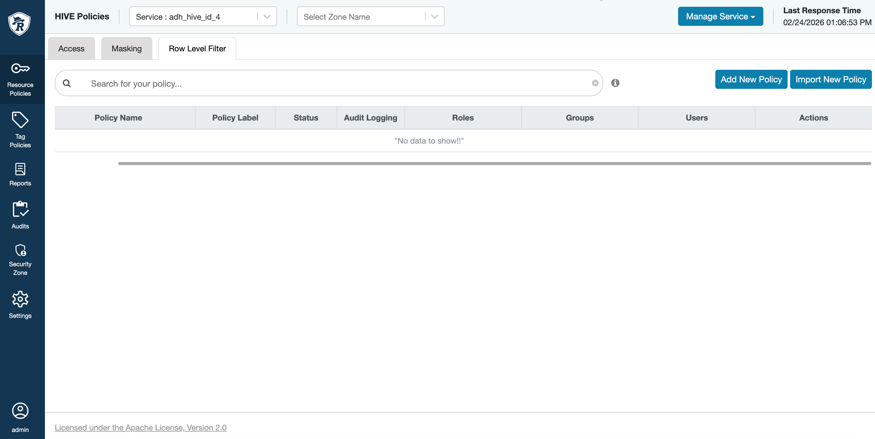Row Level Filter tab in Ranger
