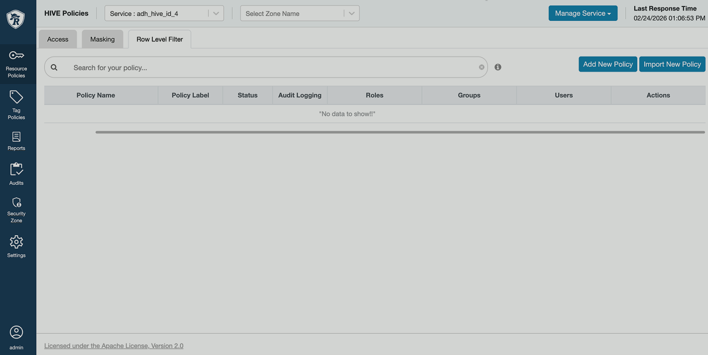 Row Level Filter tab in Ranger