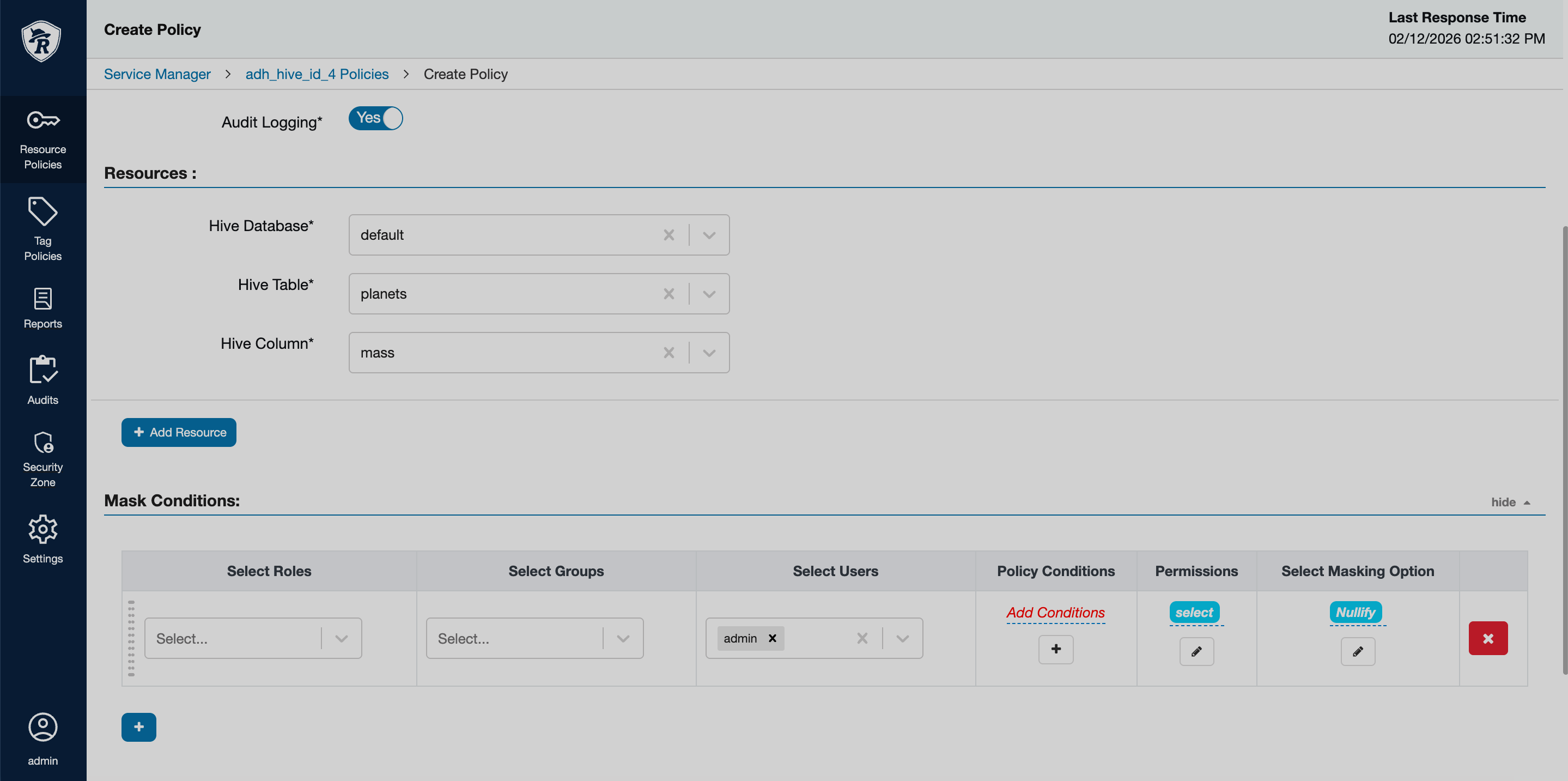 Masking policy parameters