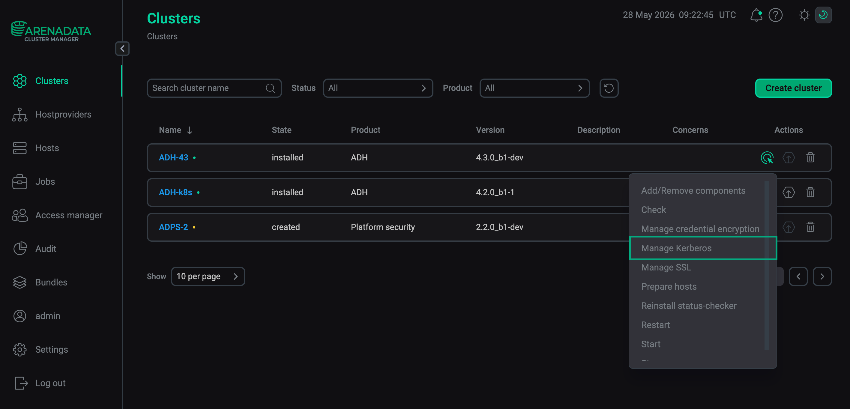 The Manage Kerberos action