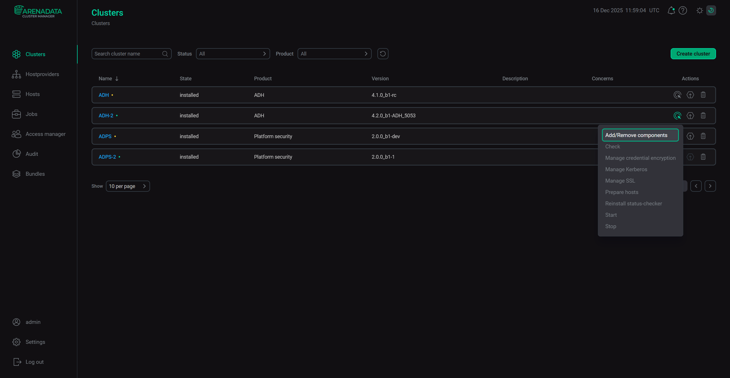 Execute the Add/Remove components action