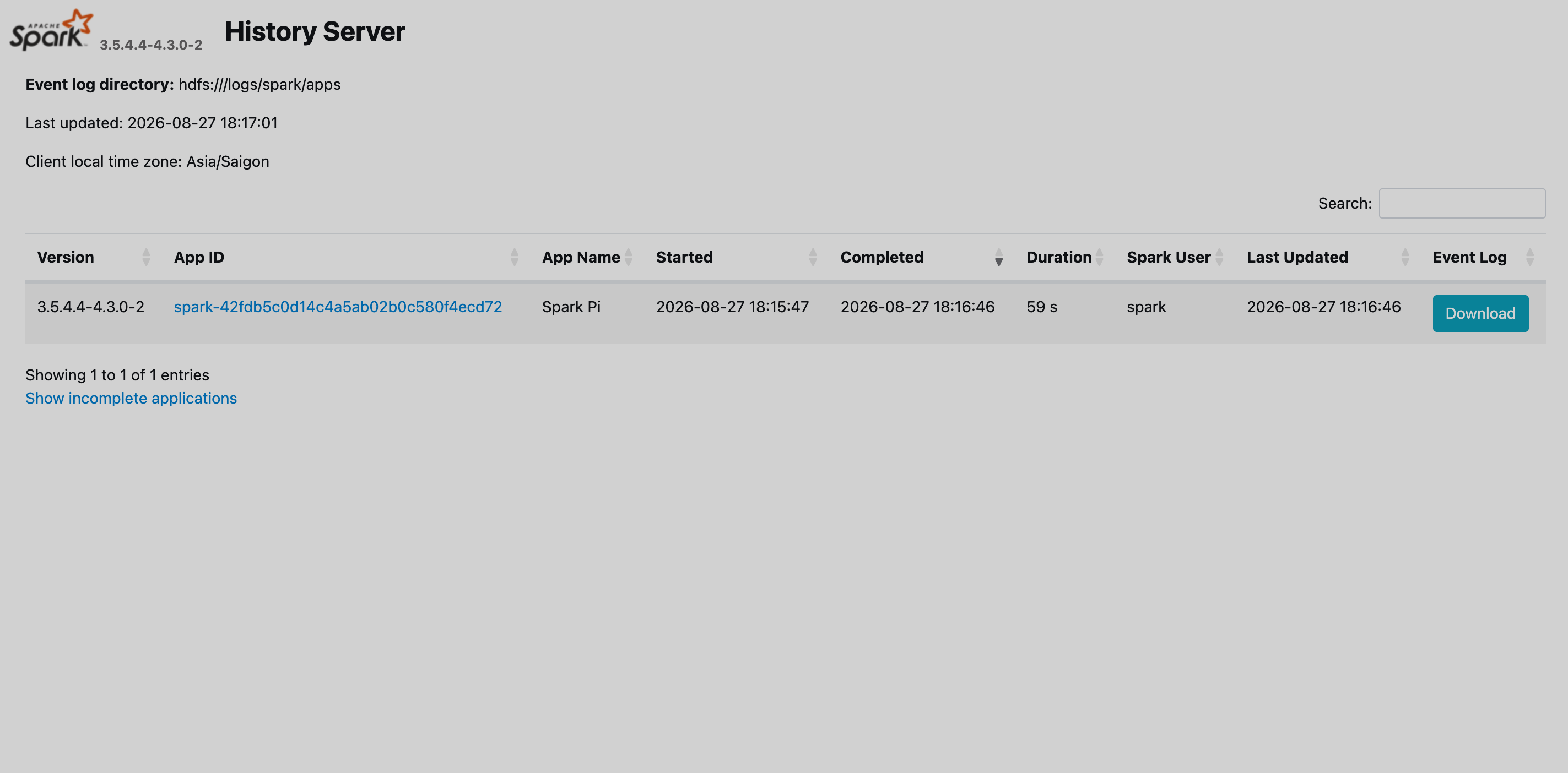 Completed job in the Spark History Server web UI