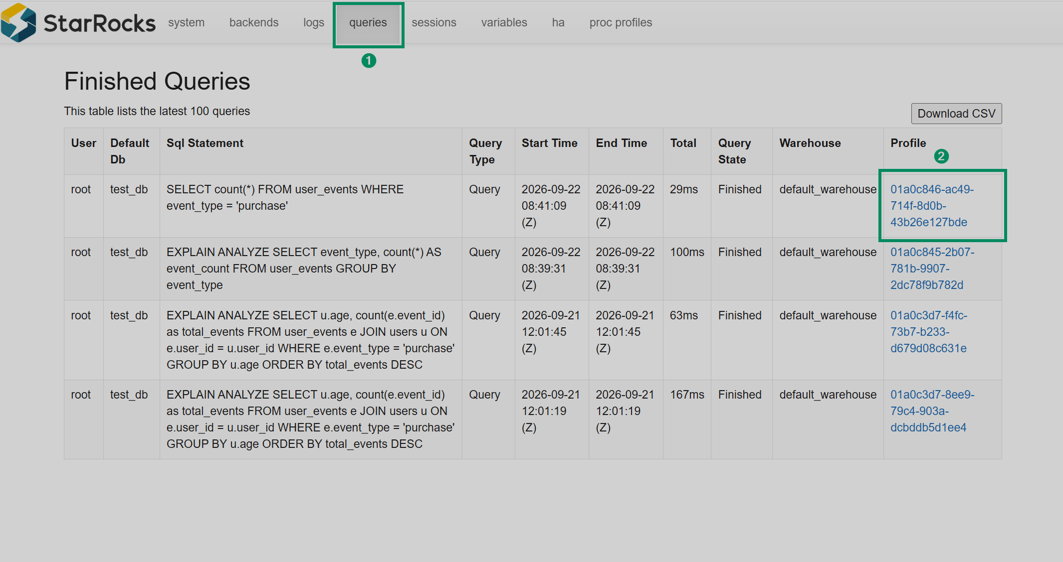 The queries page in StarRocks