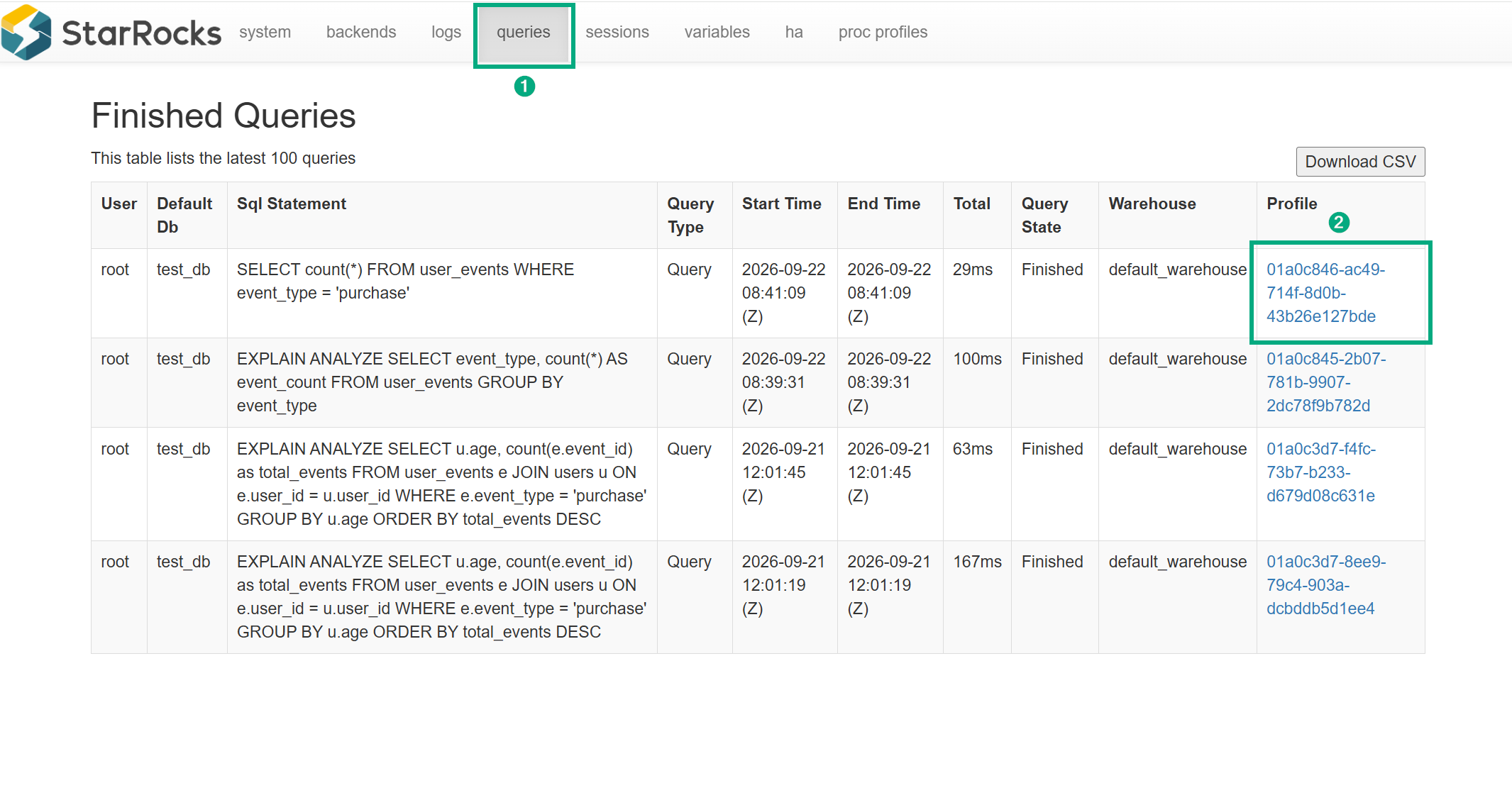 The queries page in StarRocks