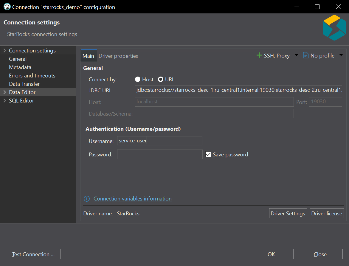 StarRocks connection in DBeaver