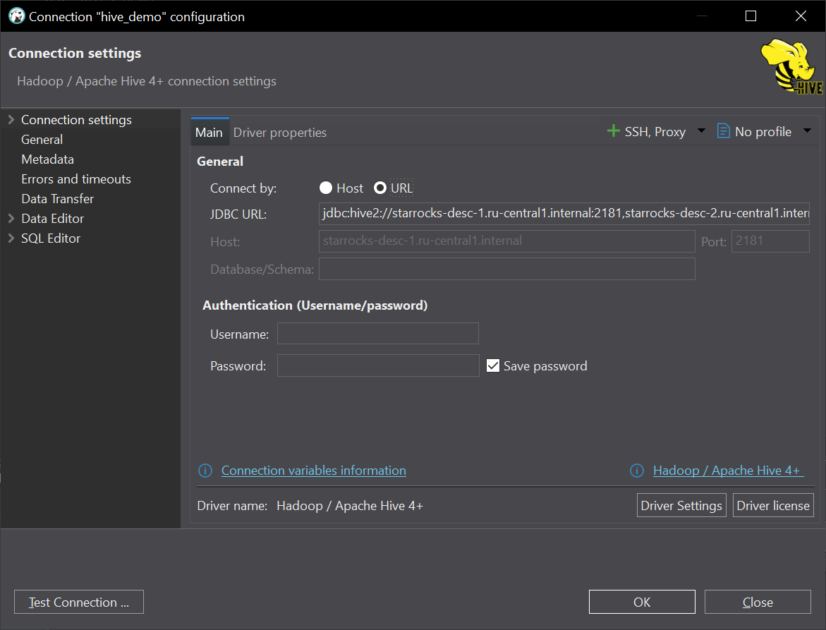 Hive connection in DBeaver