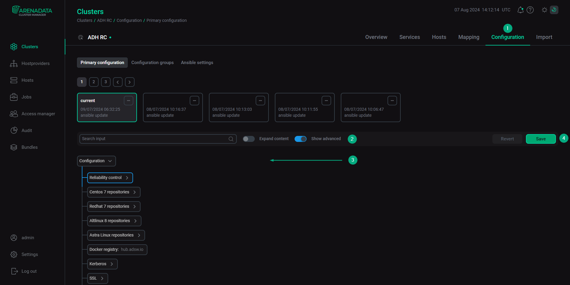 The cluster configuration window