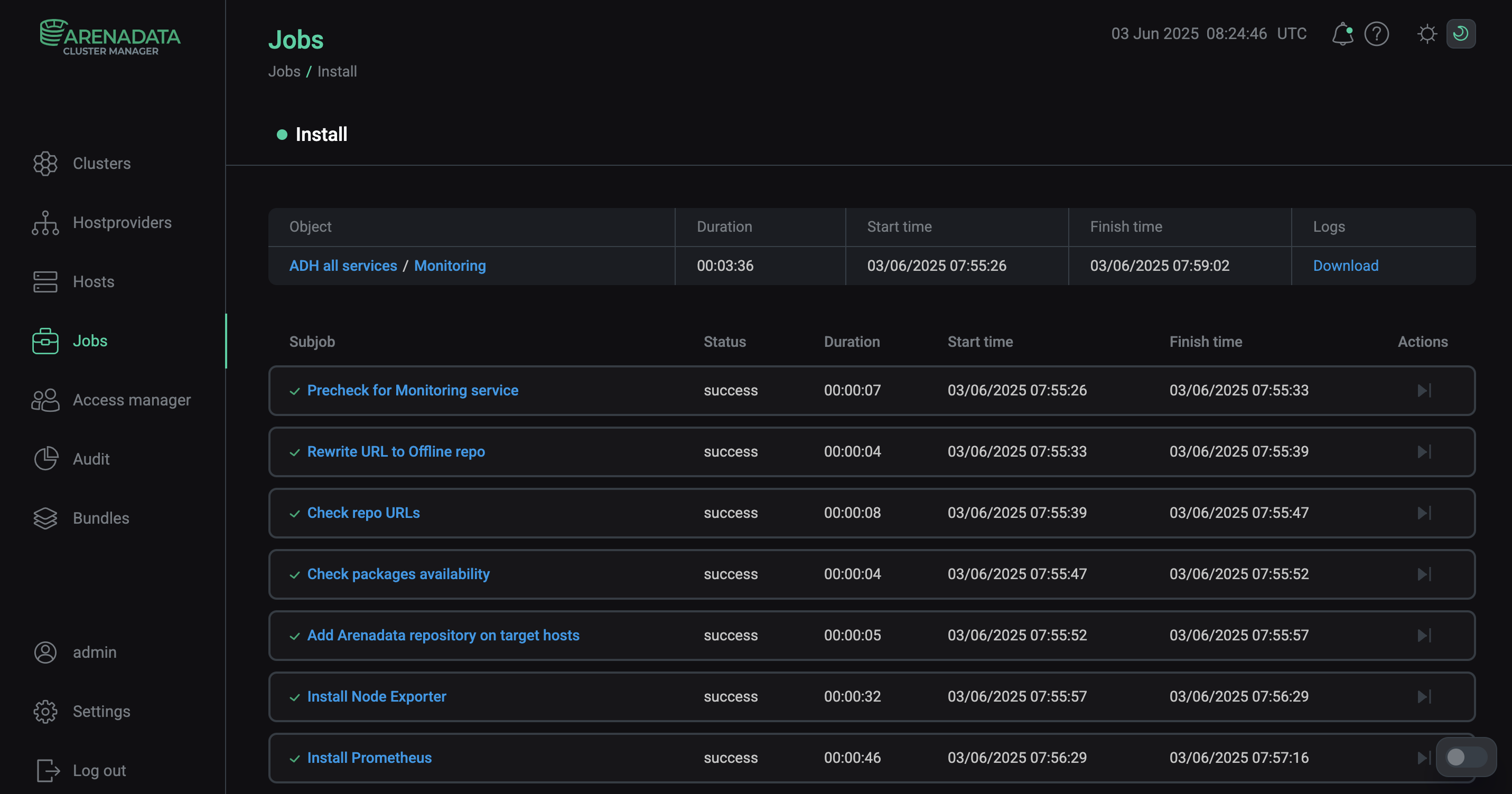 Install service job page