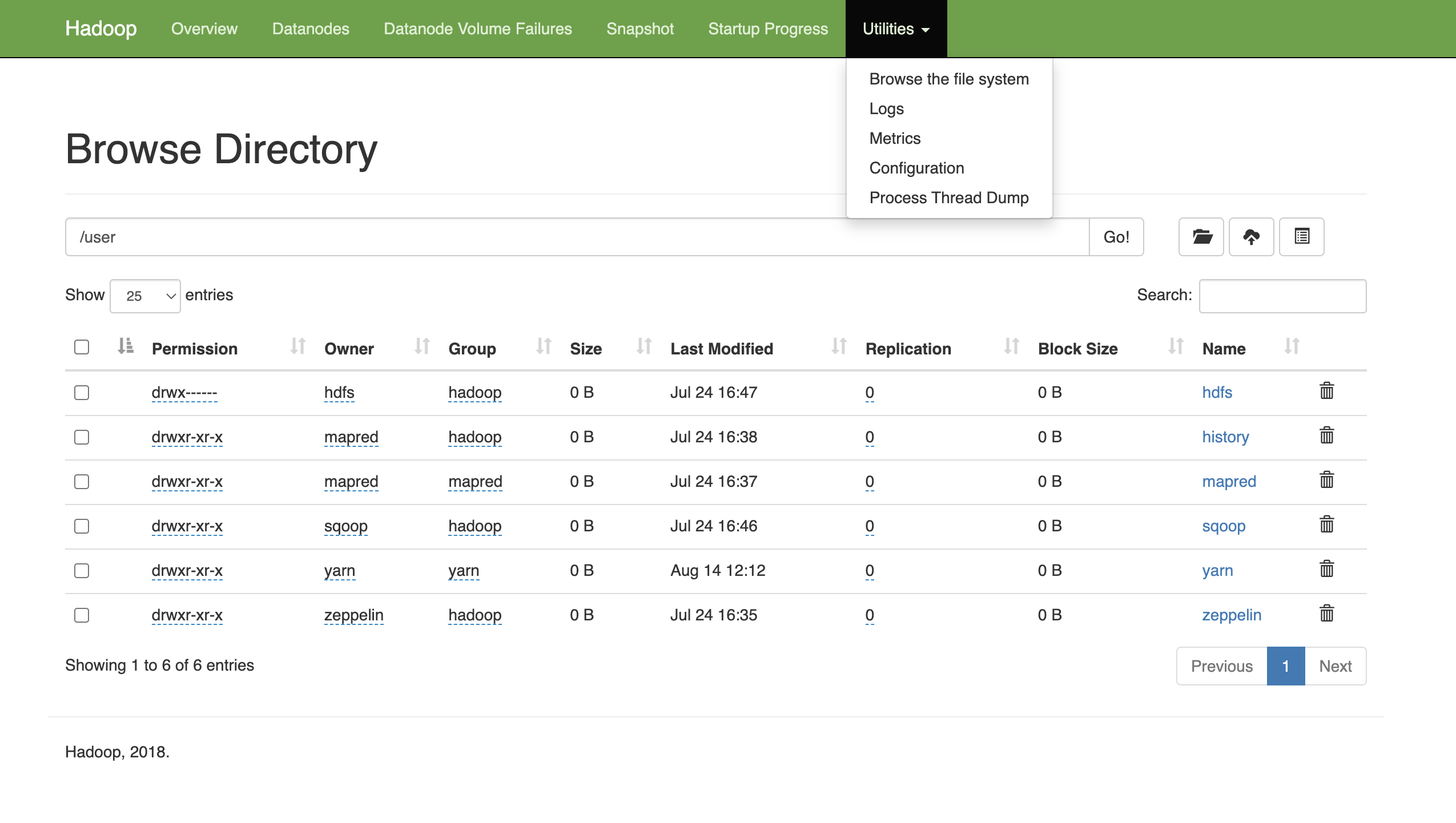 NameNode UI: Utilities menu