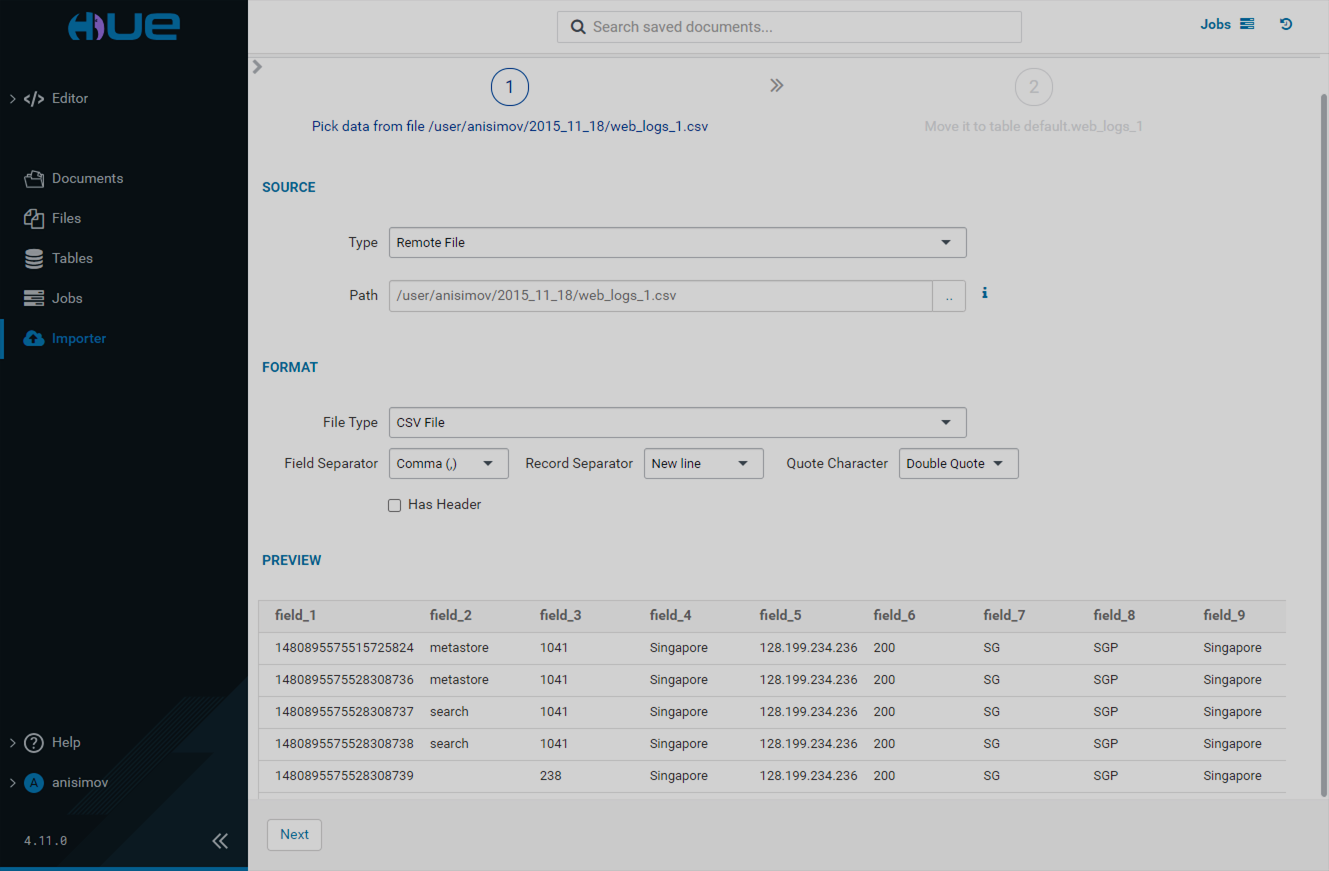 Import a remote file, source data