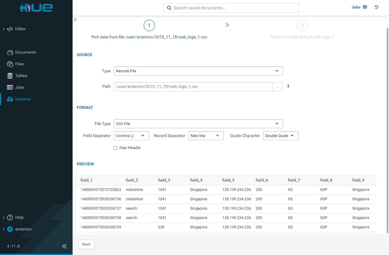 Import a remote file, source data