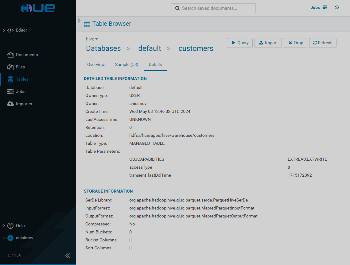 Table details tab