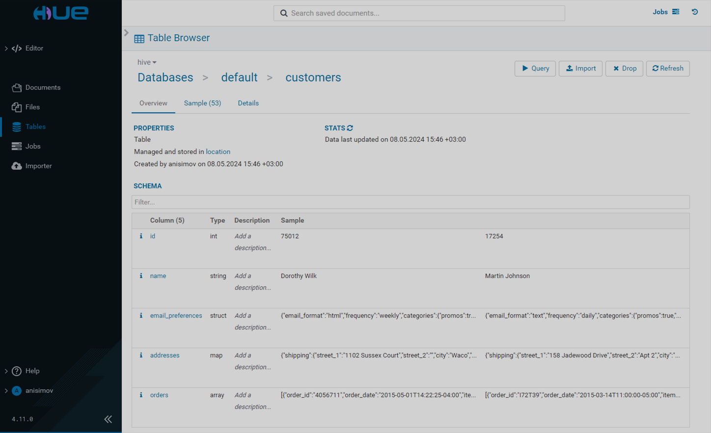 Table overview tab
