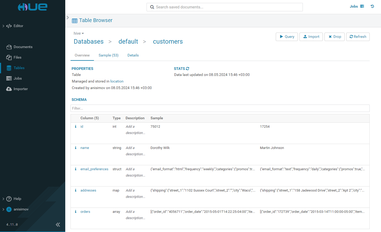 Table overview tab