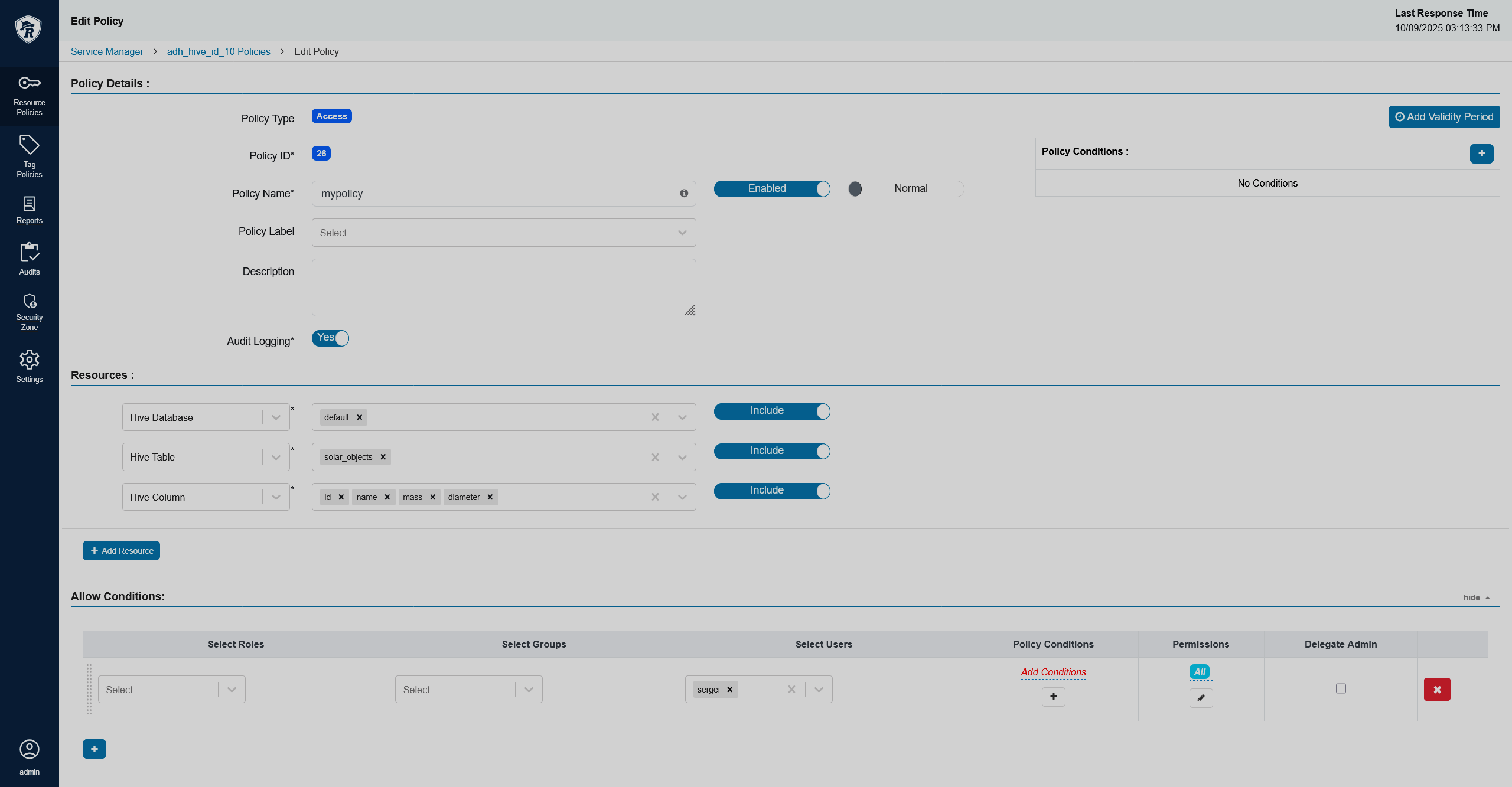 Create a Hive policy