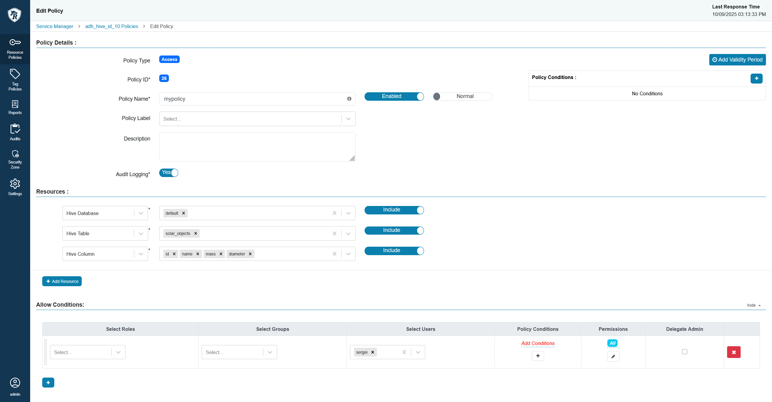 Create a Hive policy